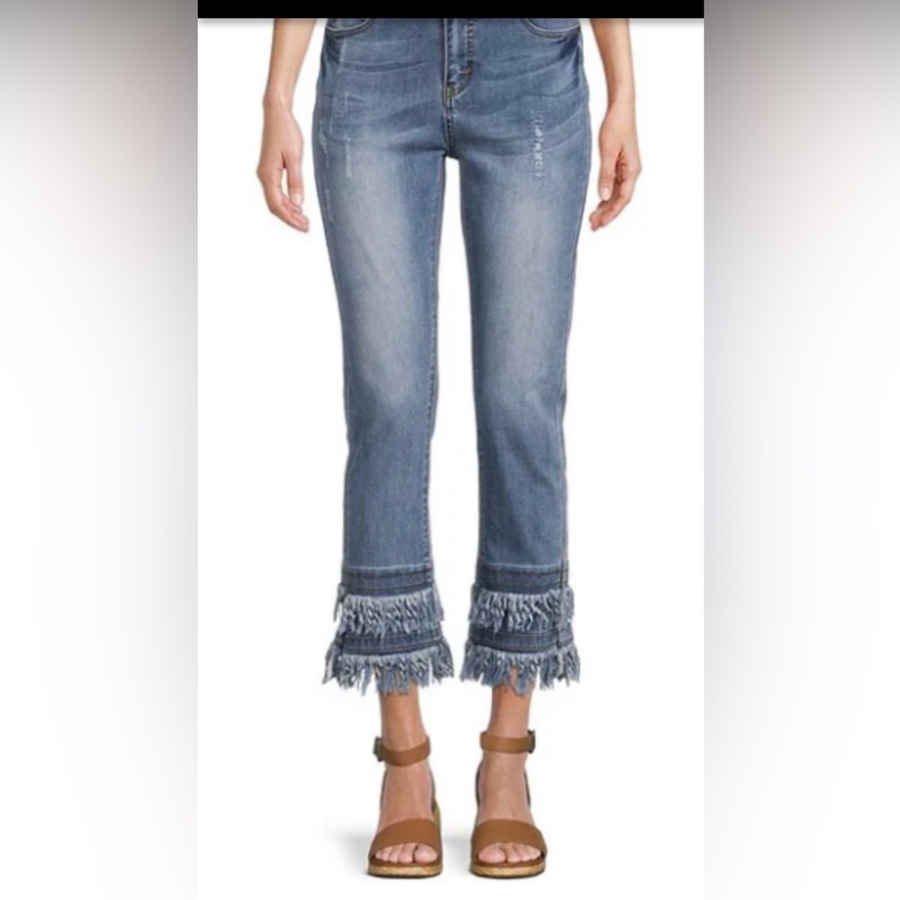 John Mark Blue Cropped Jeans with Fringe Hem